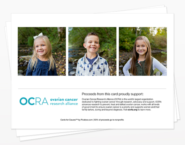 Greeting card featuring three photos of young children, posing outdoors and smiling