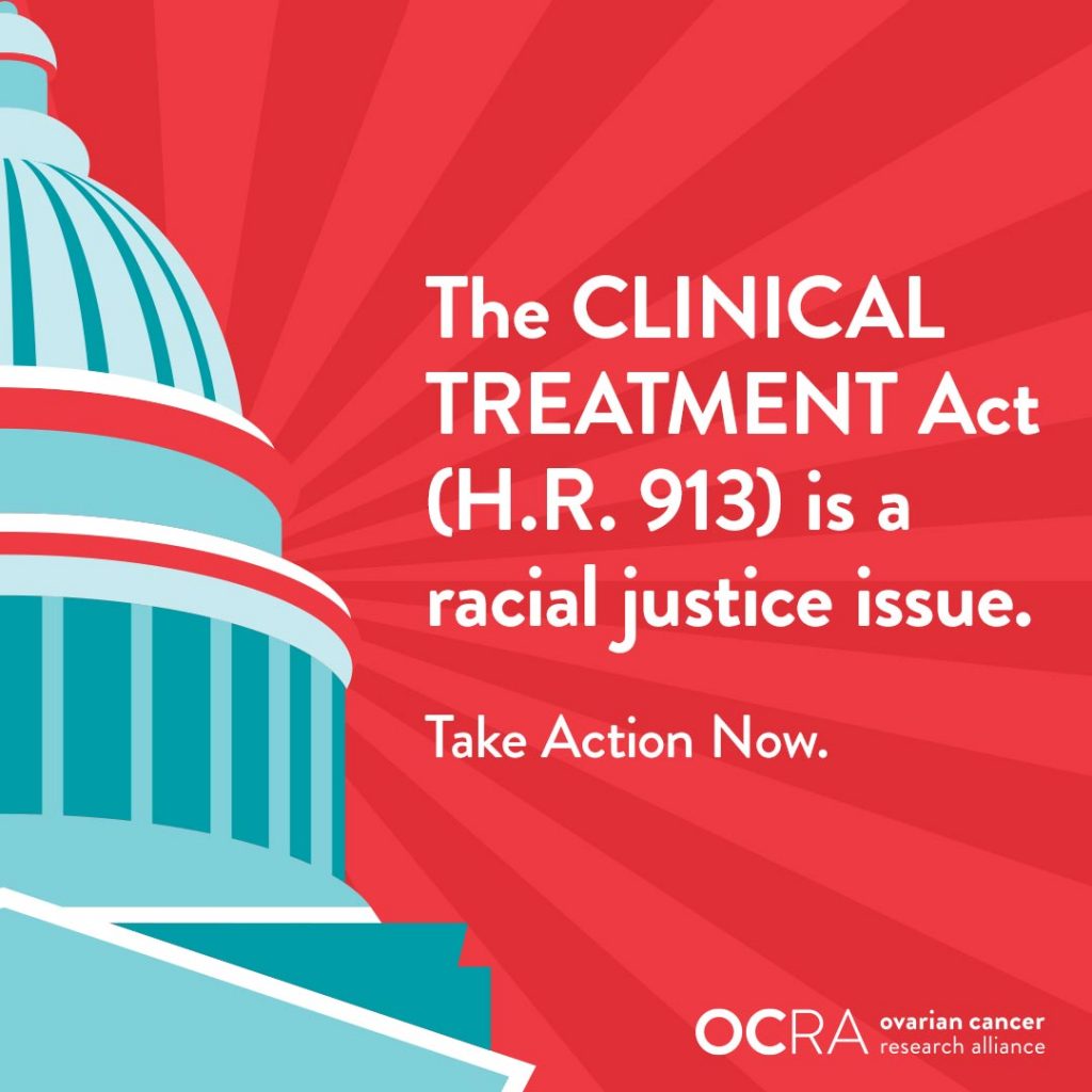 graphic with text, The CLINICAL TREATMENT Act (H.R. 913) is a racial justice issue. take action now.
