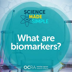 Graphic with teal blob and atom icon. Text reads, What are biomarkers? Science Made Simple. Ovarian Cancer Research Alliance