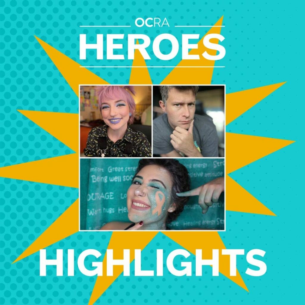 Teal graphic with yellow starburst, featuring three different photos of young supporters, with text reading, OCRA Heroes Highlights
