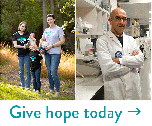 side by side images of a family of four outside wearing teal ribbon shirts, and a researcher in a lab wearing a white lab coat, with text Give hope today