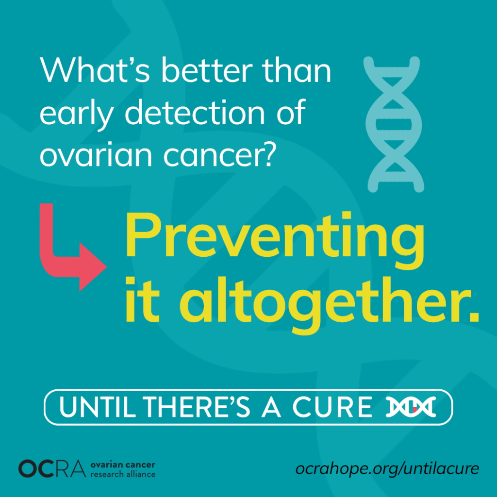 Graphic reading, "What's better than early detection of ovarian cancer? Preventing it altogether." With "Until There's a Cure" logo, ocrahope.org/untilacure