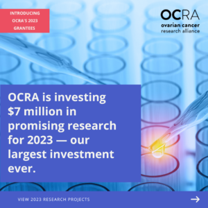 graphic with scientific image background, text overlay reading "Introducing OCRA's 2023 Grantees. OCRA is investing $7 million in promising research for 2023 -- our largest investment ever. View 2023 research projects."