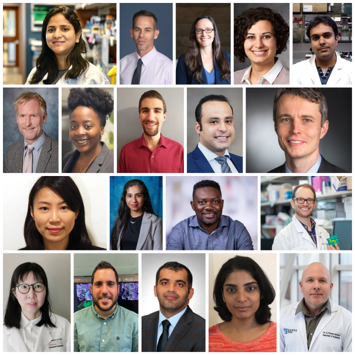 Square image collage of photos of 19 people, some wearing lab coats with research backdrops