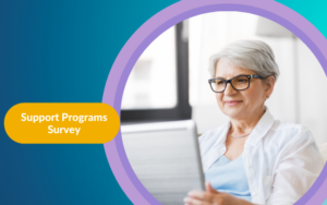 Graphic with short-haired woman in glasses using the computer, next to button that says Support Programs Survey