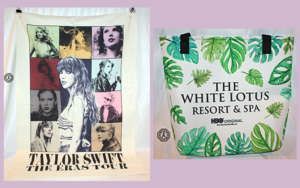 Side by side images of Taylor Swift tapestry with collage of Taylor Swift photos in multi colors, and Th White Lotus Resort & Spa tote bag with palm leaves design