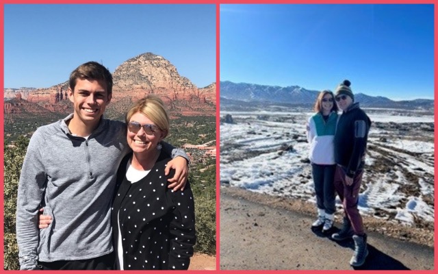 Side by side shots of Ethan Willey with arm around mother, and Mark Everitt with arm around wife