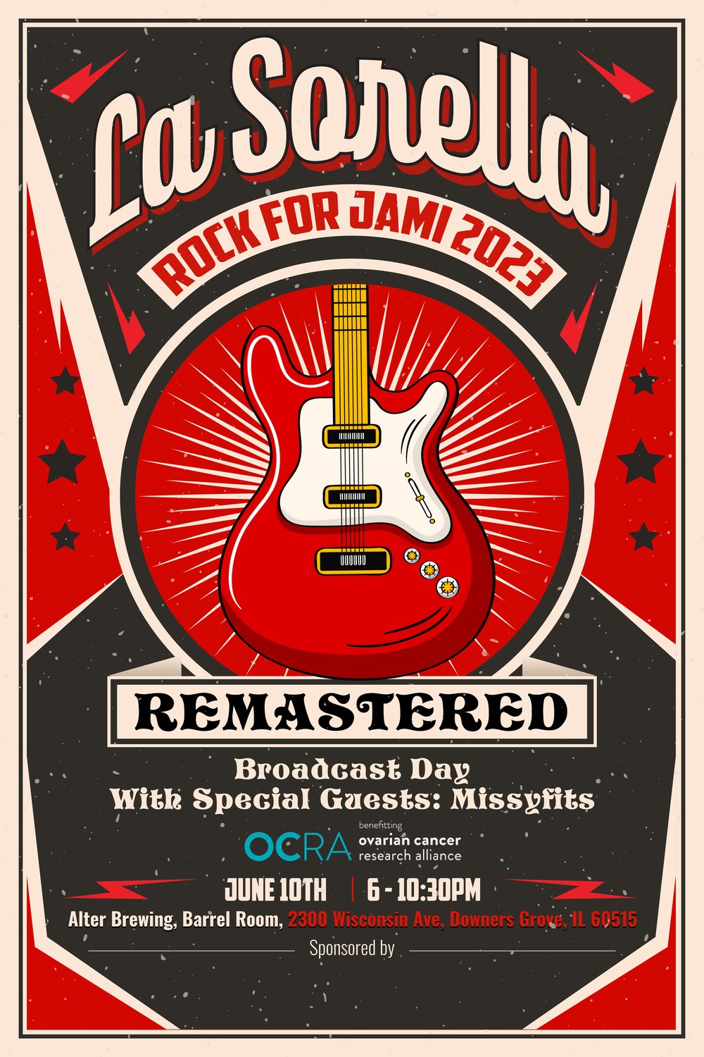 Graphic flyer with red and white electric guitar design. Text reads: La Sorella Rock for Jami 2023 REMASTERED