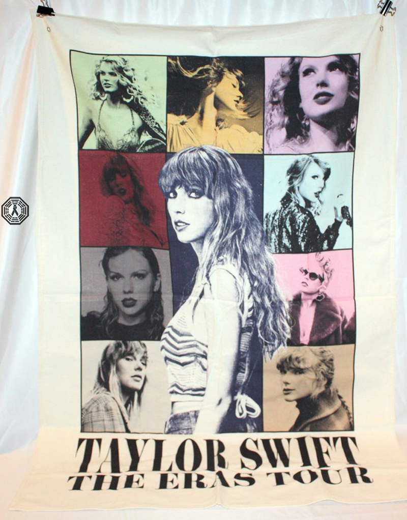 Tapestry with images of Taylor Swift at center and 9 background collage Taylor Swift images