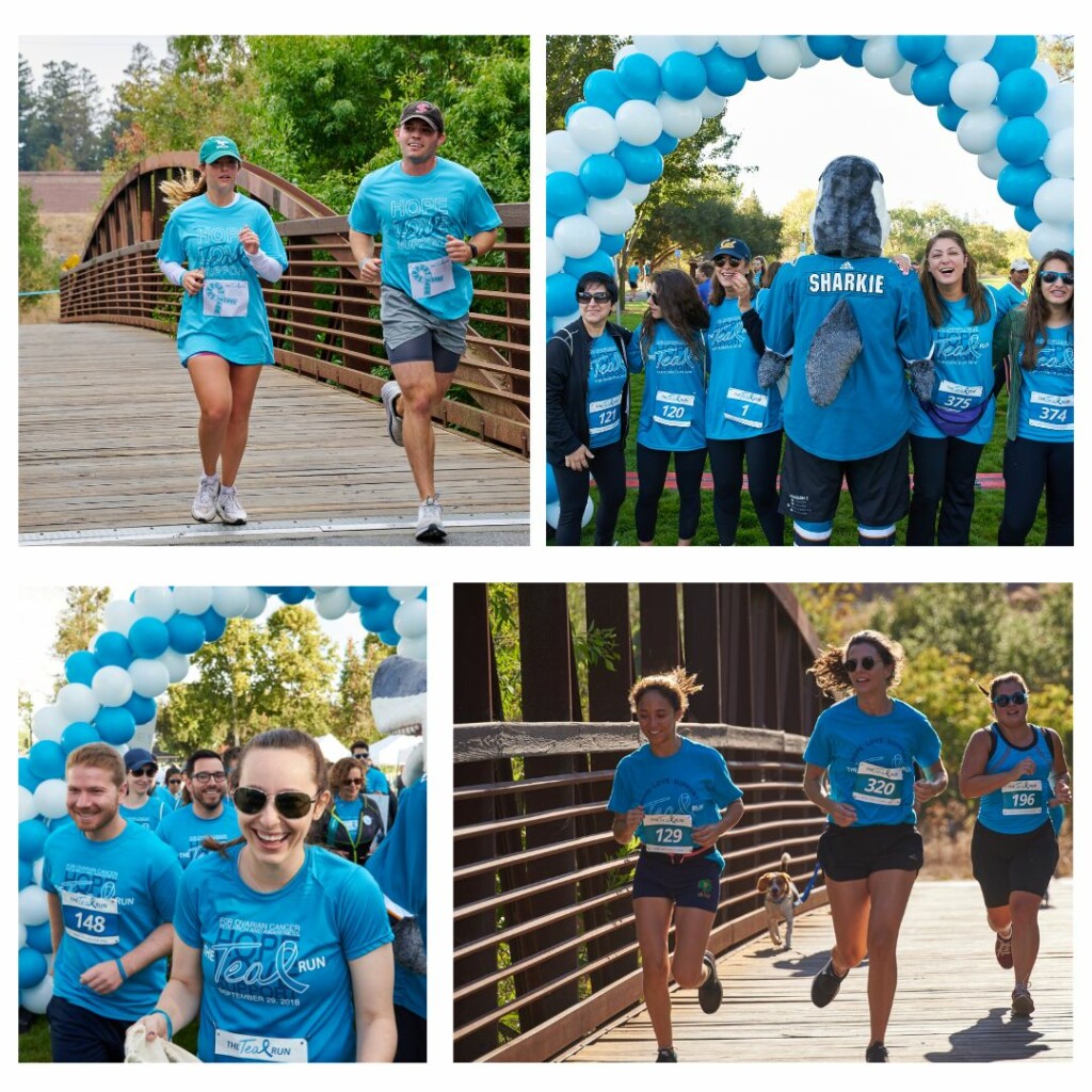 Collage of groups enjoying The Teal Run, laughing, running and wearing teal