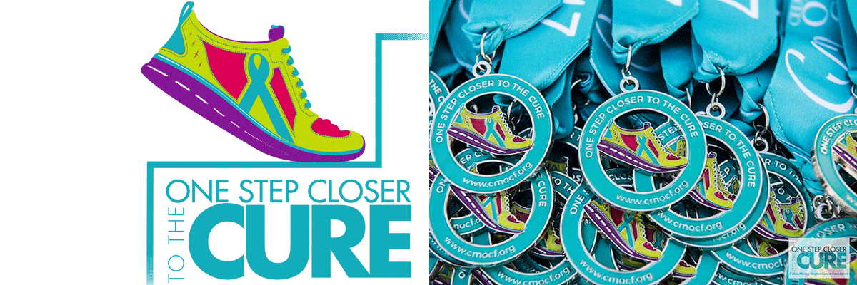 Graphic with side by side images: bright sneaker over a logo with words, "ONE STEP CLOSER TO A CURE," and a close-up image of teal race medals in a pile