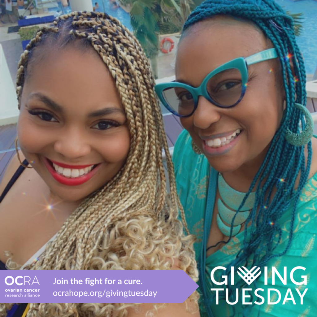 Two women close together, smiling in selfie pose, one wearing teal glasses with teal color in hair. Giving Tuesday logo appears in lower right. OCRA logo and Join the fight for a cure, ocrahope.org/givingtuesday appears in lower left.