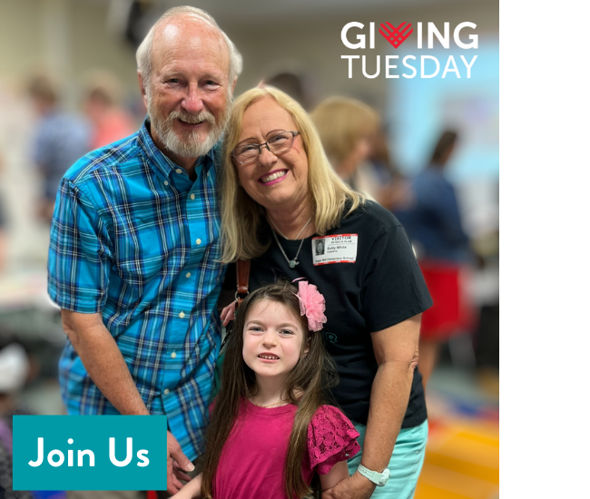 Photo of a family of three, including a man, woman and small girl, all smiling happily. Giving Tuesday logo is in upper right corner, and Join Us text appears in lower left.