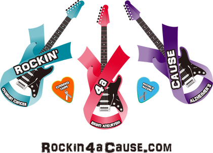 graphic image with three guitars in teal, red, and purple. charity logos appear next to the guitars. text reads Rockin4aCause.com