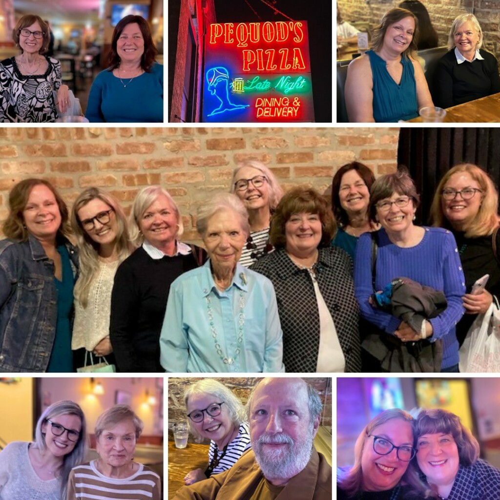 A joyful photo collage of seven photos, including several photos of smiling groups of two, one large and happy group shot of all the participants, and a photo of Pequod's Pizza neon sign.