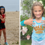 Side by side photo of Madeleine standing on a beach wearing a wetsuit and making a strength sigh, and Emma Jean holding up her arms to show off her handmade teal bracelets