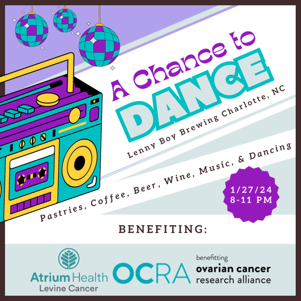 Colorful square graphic with lots of purple and teal. Purple and teal disco balls hang from above a retro boombox. Text reads, A Chance to DANCE. Lenny Boy Brewing Charlotte, NC. Pastries, Coffee, Beer, Wine, Music, & Dancing. 1/27/24, 8-11PM. Benefiting: Atrim Health Levine Cancer and Ovarian Cancer Research Alliance.