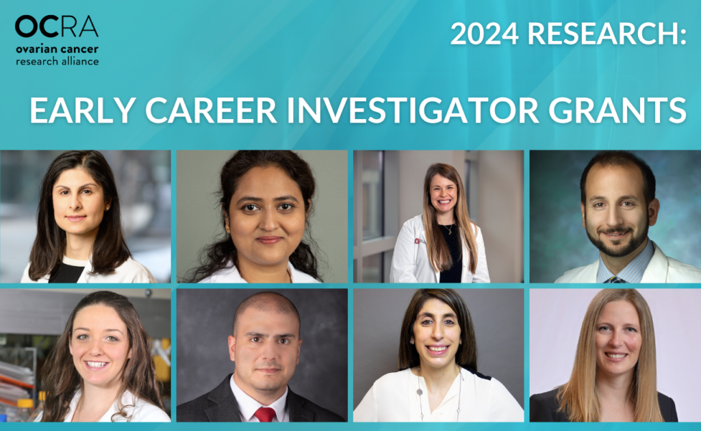 Teal graphic with collage of 8 researcher headshots. Text reads 2024 Research, Early Career Investigator Grants. OCRA logo appears in top left.