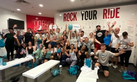 Group of Ovarian Cancer Research Alliance Ovarian Cycle Tampa fundraisers at indoor cycling studio