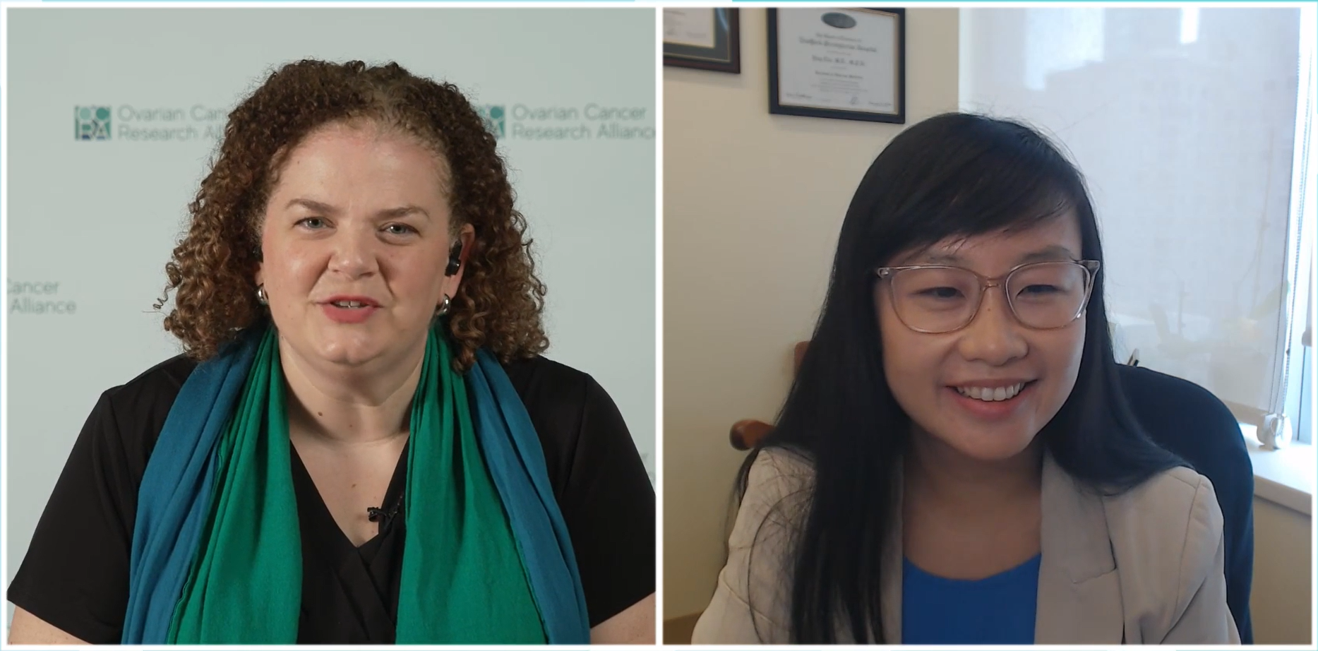 Two women participating in an online video call. The woman on the left has curly brown hair and is wearing a black top with a green scarf, with a backdrop of the Ovarian Cancer Research Alliance logo. The woman on the right has glasses and a beige blazer with a blue top, sitting in an office with certificates on the wall behind her.