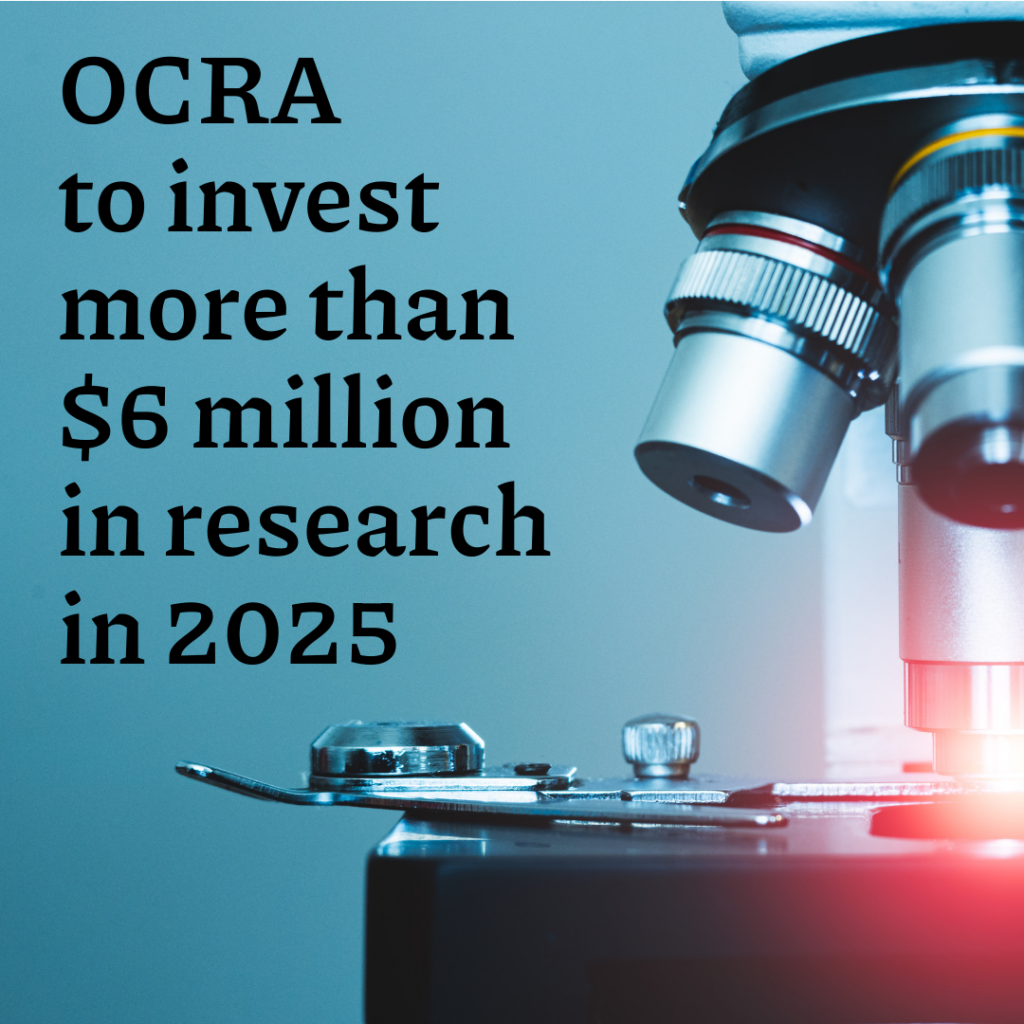 Photo with text overlay. Text reads "OCRA to invest more than $6 million in research in 2025," atop a photo of a microscope and a bright light shining down toward a slide.