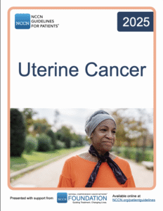 Front of booklet cover, with image of smiling woman walking on a path. Text reads NCCN Guidelines for Patients, 2025, Uterine Cancer.
