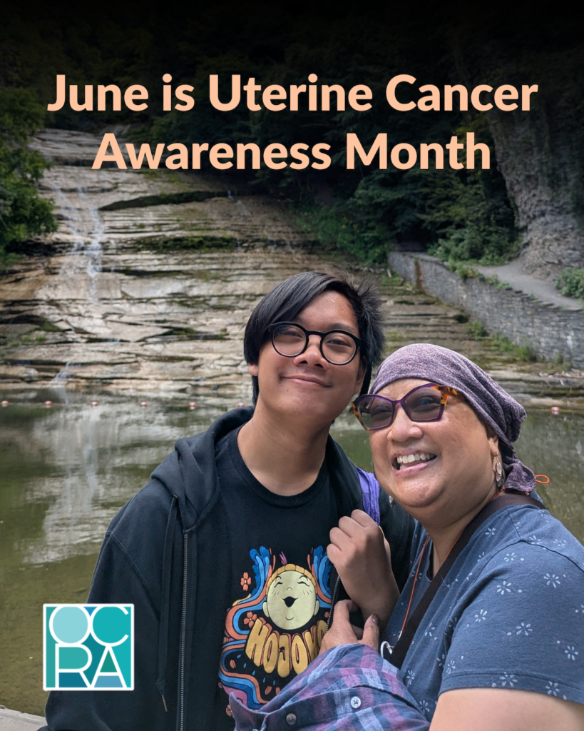 An endometrial cancer survivor and her son stand together, smiling, on front of a flowing river. Text overlay reads June is Uterine Cancer Awareness Month.