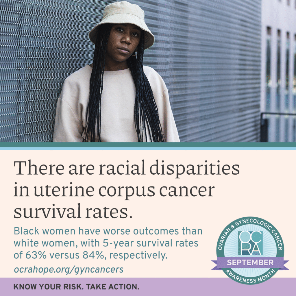 There are racial disparities in uterine corpus cancer survival rates. Black women have worse outcomes than white women, with 5-year survival rates of 63% versus 84%, respectively. ocrahope.org/gyncancers