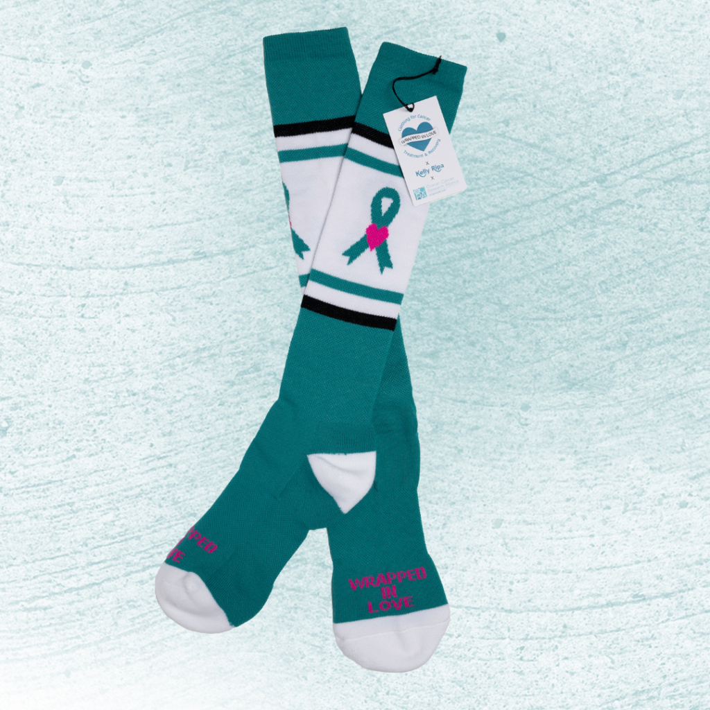 Ovarian cancer awareness socks by Wrapped in Love and Kelly Ripa