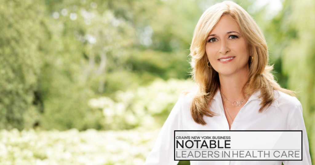 Photo of Audra Moran, Ovarian Cancer Research Alliance's President & CEO, with text overlay that reads Crains New York Business Notable Leader in Health Care